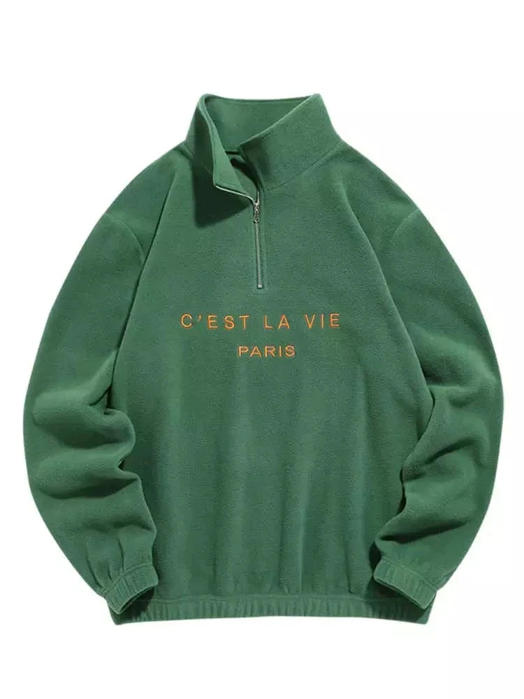 Hoodie for Men Fuzzy Polar Fleece Sweatshirt Letter Embroidered Turtleneck Streetwear Pullover Winter Unisex Zipper Sweats