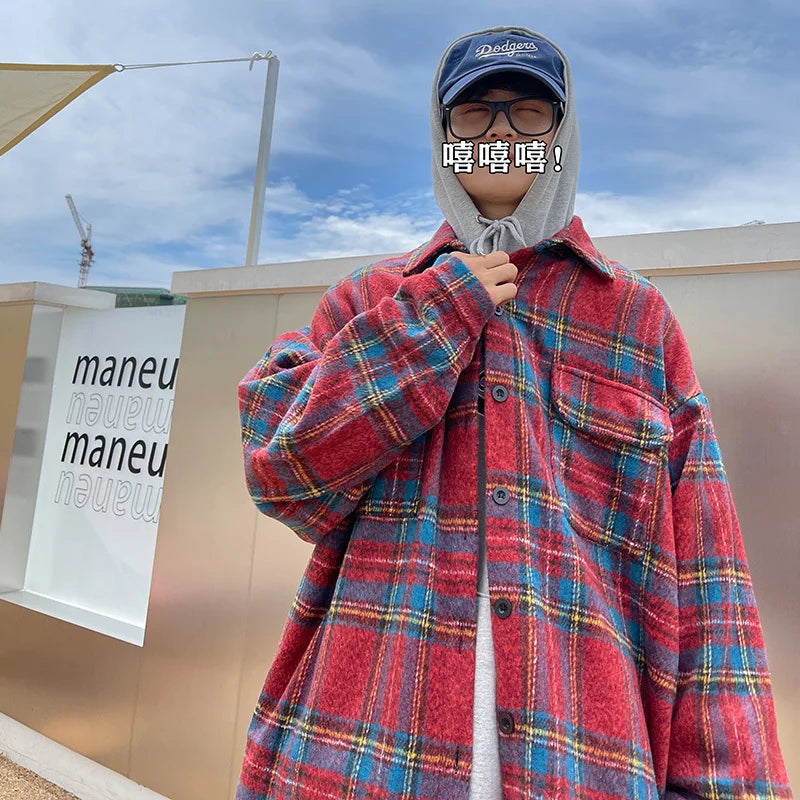 saferido Thick Plaid Woolen Coat Men Warm Oversized Retro Thickened Woolen Jacket Mens Streetwear Korean Loose Short Woolen Coat Men