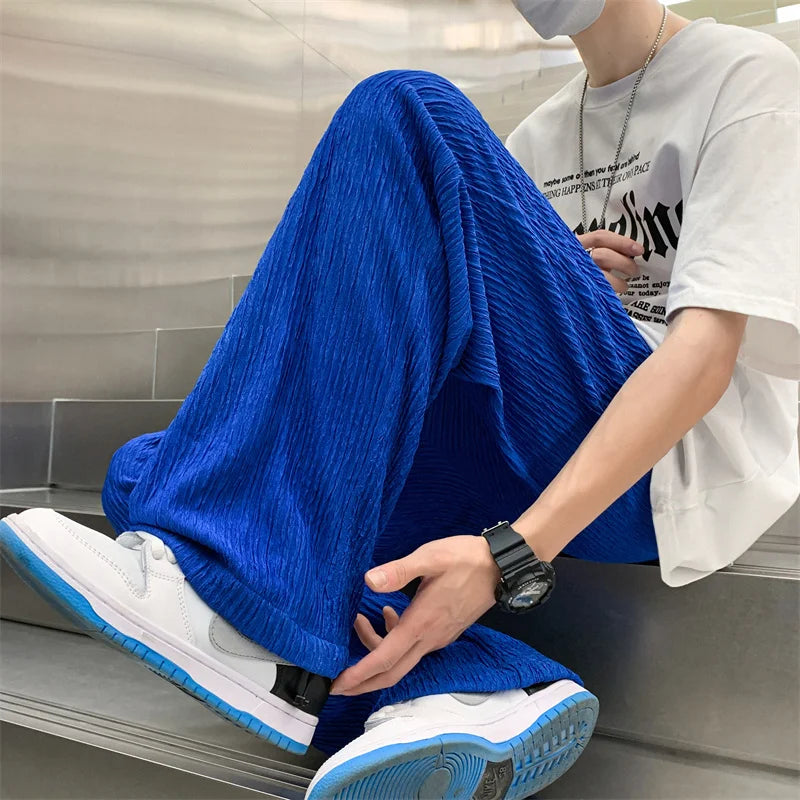 saferido Summer Ice Silk Pants Men Fashion Oversized Wide Leg Pants Men Japanese Streetwear Hip Hop Loose Pleated Pants Mens Trousers