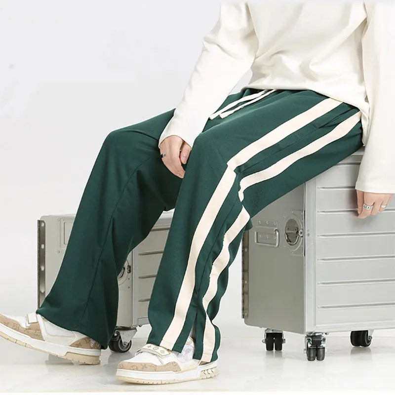saferido Men's Striped Slit Pants Spring Autumn Straight Wide Leg Trousers High Street Loose Casual Trousers Fashion Men Clothing