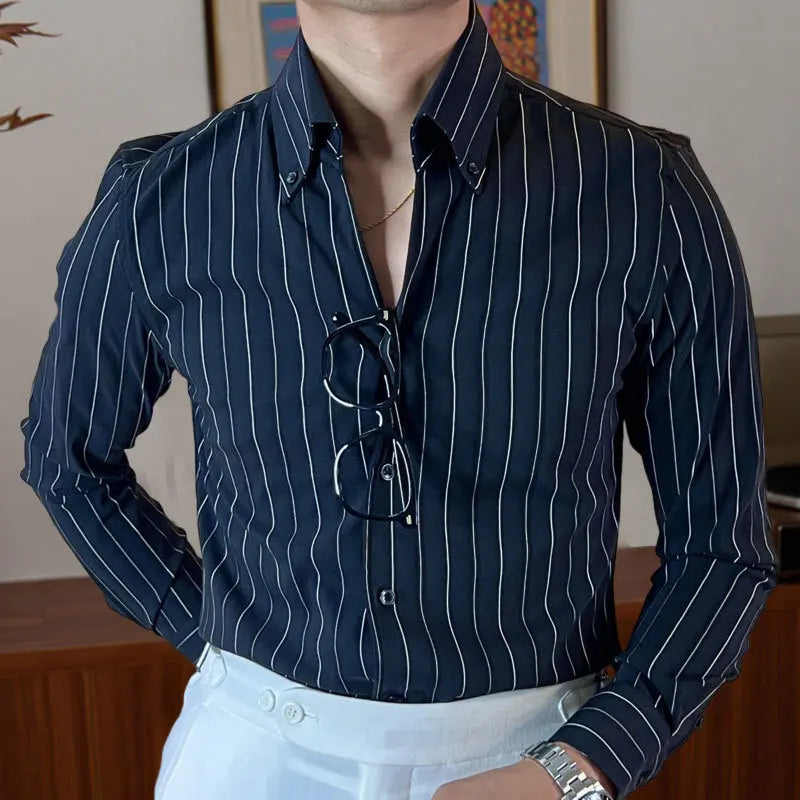 saferido Stripe Shirts Men's British Fashion Slim Shirt Tuxedo Shirt Social Business Trend Men Shirt Office Button Down Long Sleeve Shirt
