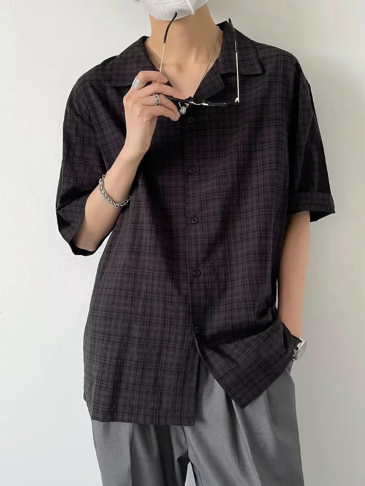 saferido Black Plaid Shirts Men Summer Loose Breathable Teens All-match Trendy Korean Fashion BF Simple Tops Streetwear Harajuku Camisas