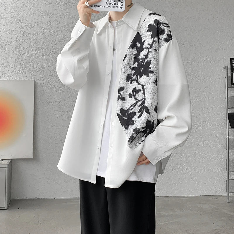 saferido Spring Autumn Long Sleeve Print Shirt Man Black/White High Street Fashion Casual Button Patchwork Harajuku All-match Blouse