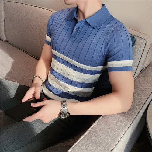 saferido British Style Men's Fashion Lce Silk Stripe Knitting POLO Shirts/Male Slim Fit Short Sleeve Leisure POLO Shirts S-3XL