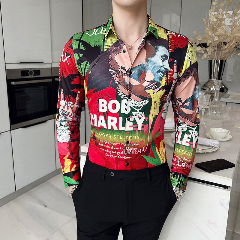 Men's Classic Geometric Print Shirt Spring Autumn Retro Casual Slim Fit Long Sleeve Shirts Men Party NightClub Shirts