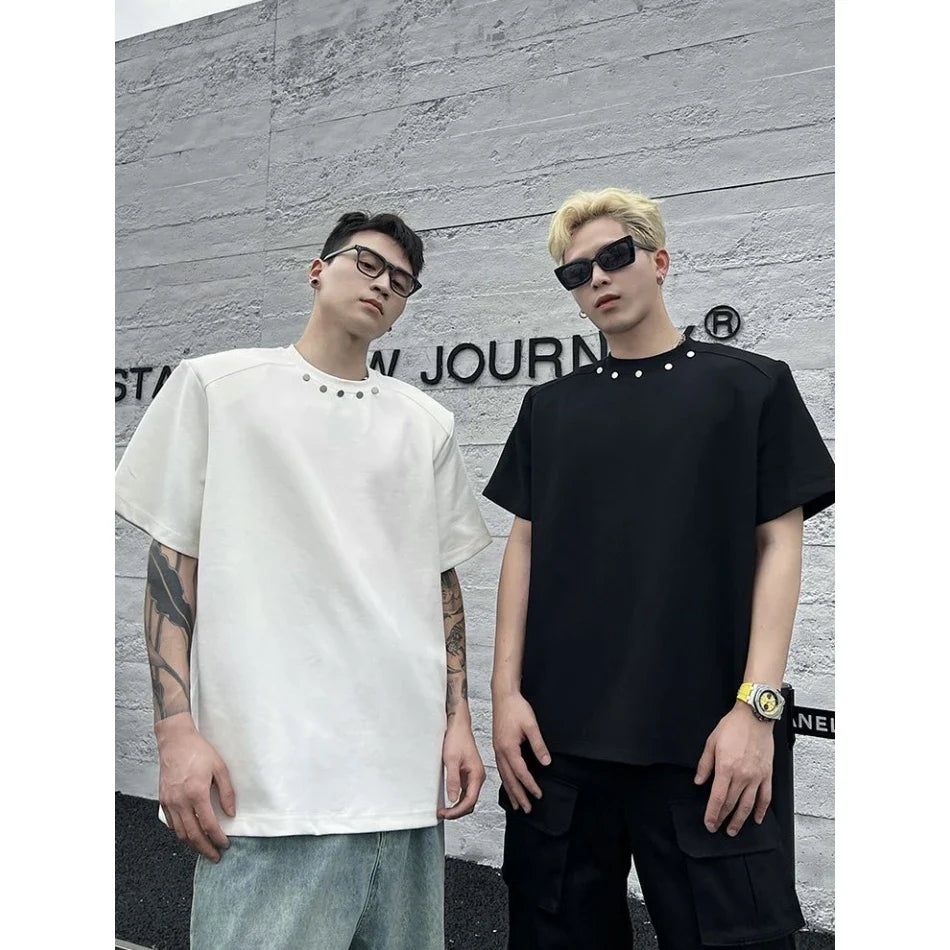 Heavy High-end Niche Short Sleeve T Shirts for Men Summer Loose Ins Design Solid Color Rivet Round Neck T-shirt Streetwear