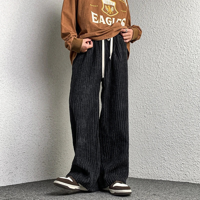 saferido Corduroy Pants Men's Straight Pants Solid Color Drawstring Unisex Wide Leg Oversized Trousers Casual Japanese Style Male Pants