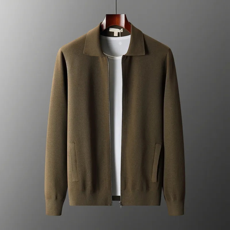 Men's Cardigan 100% Merino Wool Knitted Zippered Jacket Autumn and Winter Thickened Long Sleeved Men's Sweater Lapel Shirt