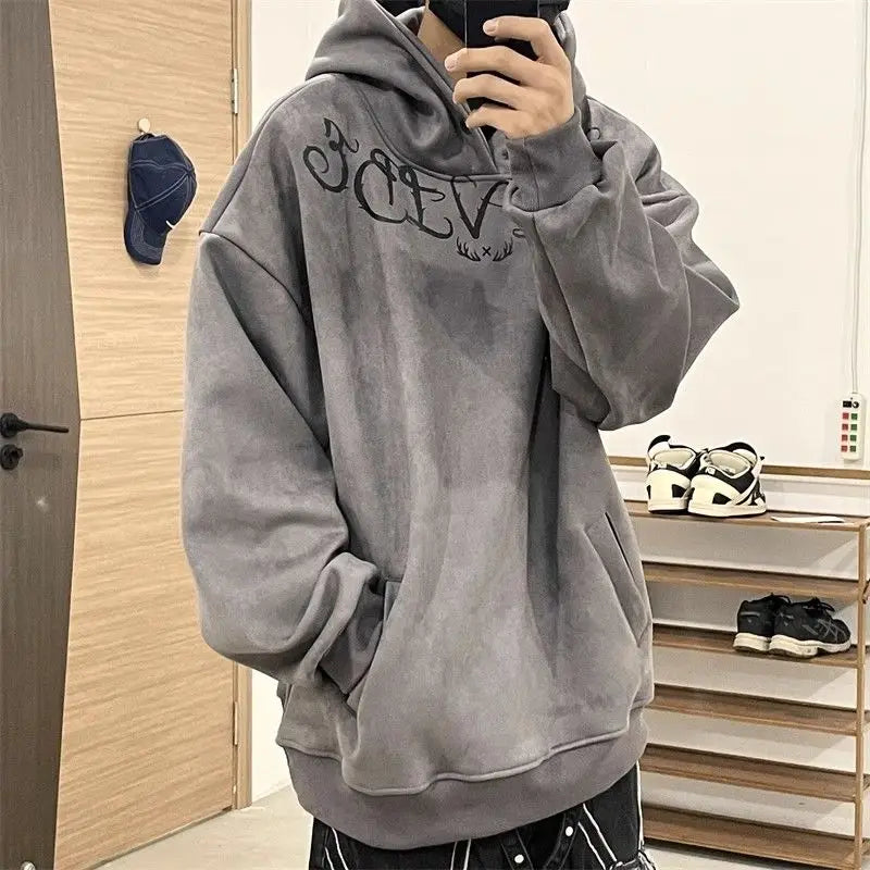 saferido Suede Hooded Sweater Men's Autumn/Winter New Trend Handsome American High Street Loose Casual Hip Hop Pullover Coat