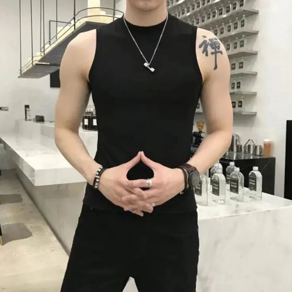saferido Summer Vest Men's Trend Tight Stand Collar Sleeveless Sexy T-shirt Top American Slim Fitness Stretch I-word Vest Bottoming Shirt