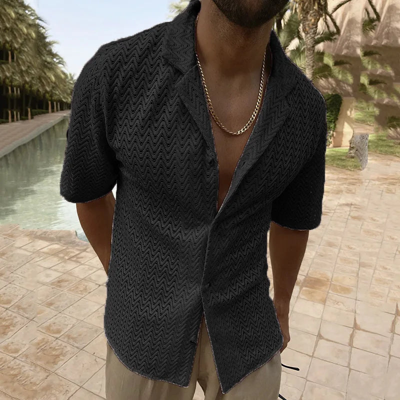 saferido Spring Summer Fashion Hollow Out Knit Shirts Men Solid Color Short Sleeve Button Lapel Tops For Mens Clothes Leisure Shirt
