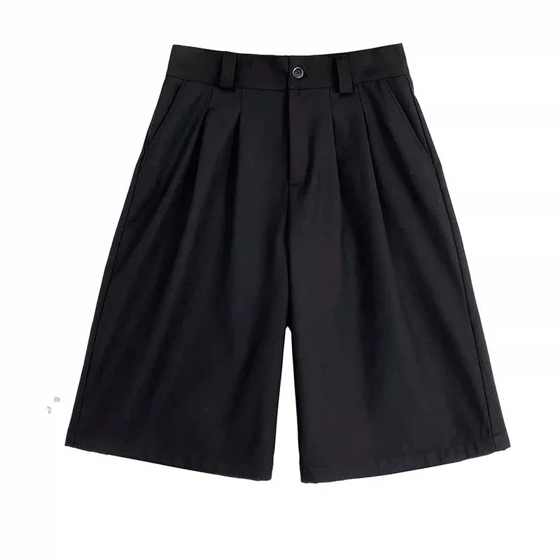 saferido Spring Summer Loose Casual Soft Black Pleated Shorts for Men Mens with High Waist Short Straight Pants Clothes