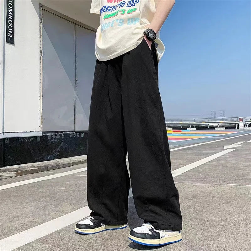 saferido Spring Cotton Wide Leg Pants Men Fashion Solid Color Casual Pants Men Streetwear Korean Loose Straight Pants Mens Trousers S-5XL