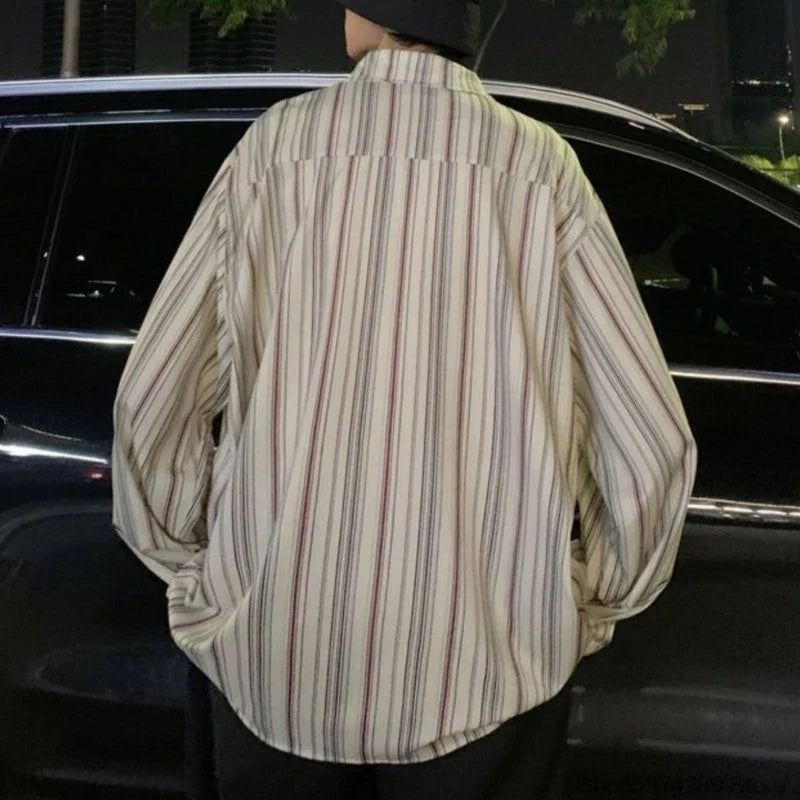 saferido Striped Loose Causal Long Sleeve Shirts Man Button Handsome Turn-down Collar Spring Autumn Office Men's Clothing Green