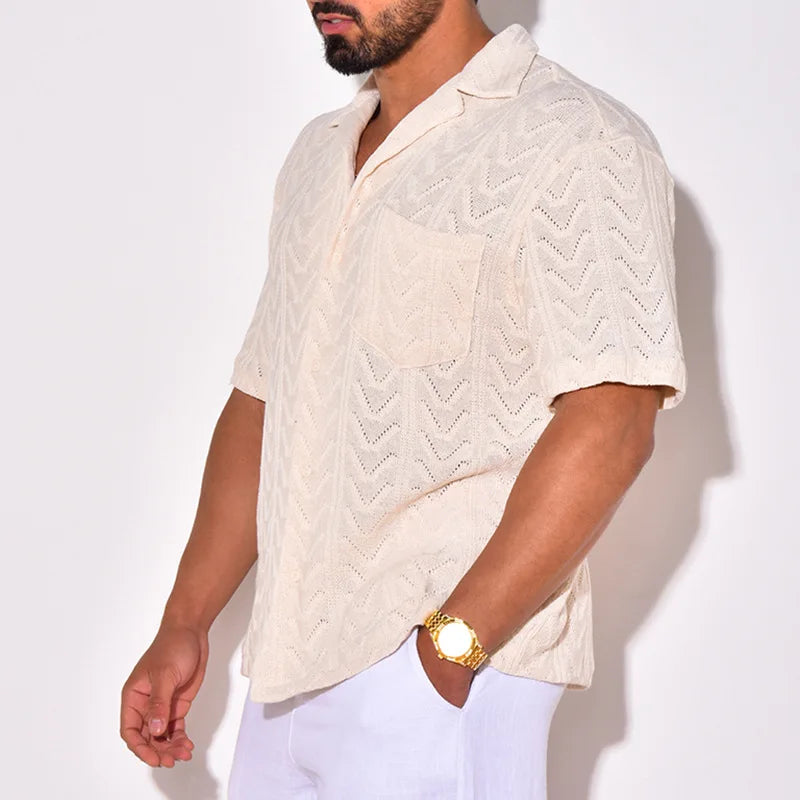 saferido Spring Summer Knit Jacquard Mens Shirt Short Sleeve Lapel Casual Loose Tops Fashion Vintage Knitwear Clothing For Men Streetwear
