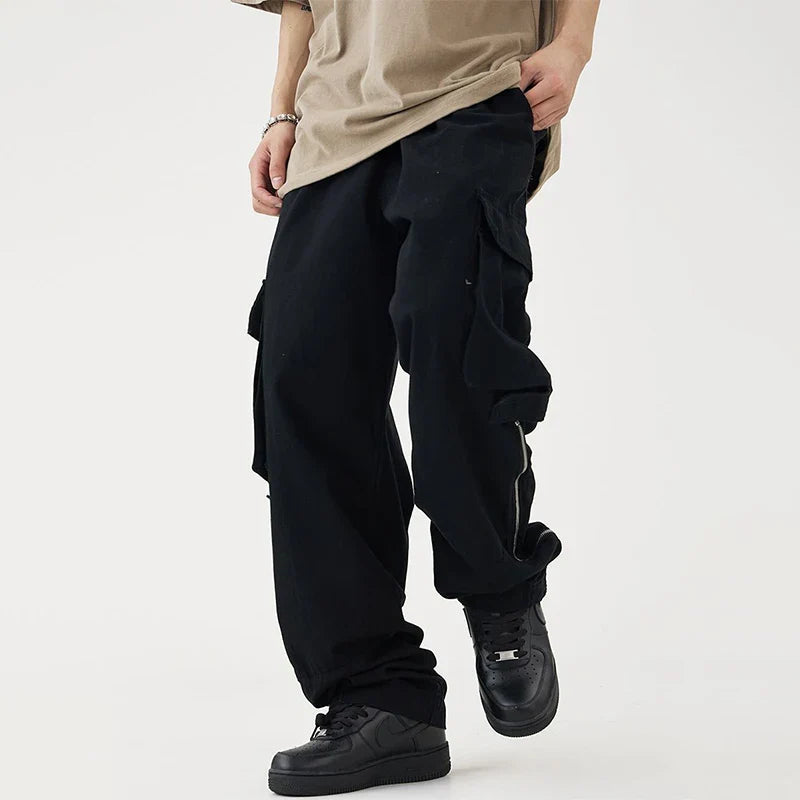 saferido Black Cargo Pants for Men Hip Hop White Cargo Trousers Male Vintage Japanese Streetwear Casual Safari Style Pocket Zip