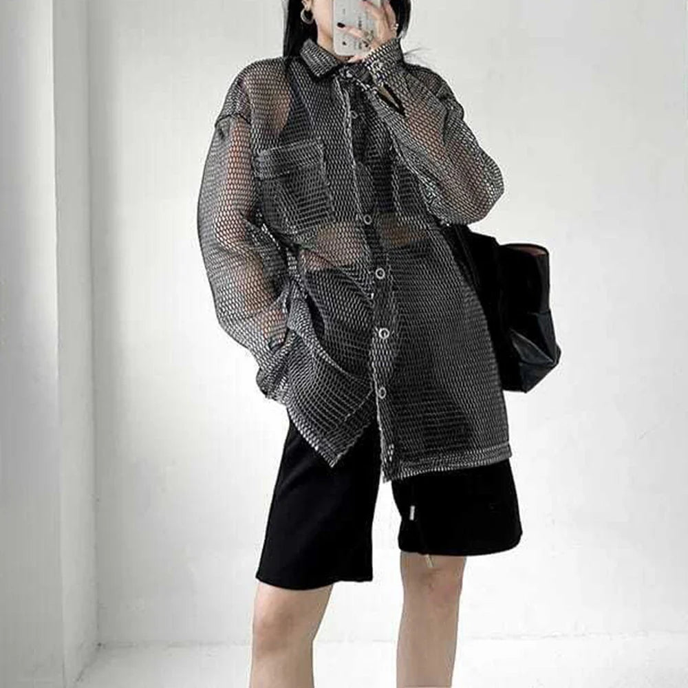 saferido Mens Casual Mesh Tops Genderless 2024 Spring Autumn New Fashion Personality Loose Versatile Streetwear Retro Shirts Unisex
