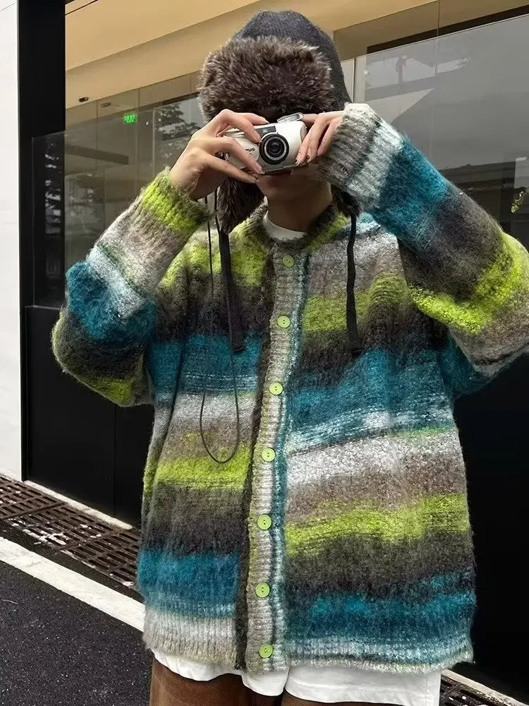 saferido Striped Knitted Sweater Coat Men Japanese Y2K Oversize Casual Autumn Winter Loose V-Neck Cardigan for Men Rainbow Color