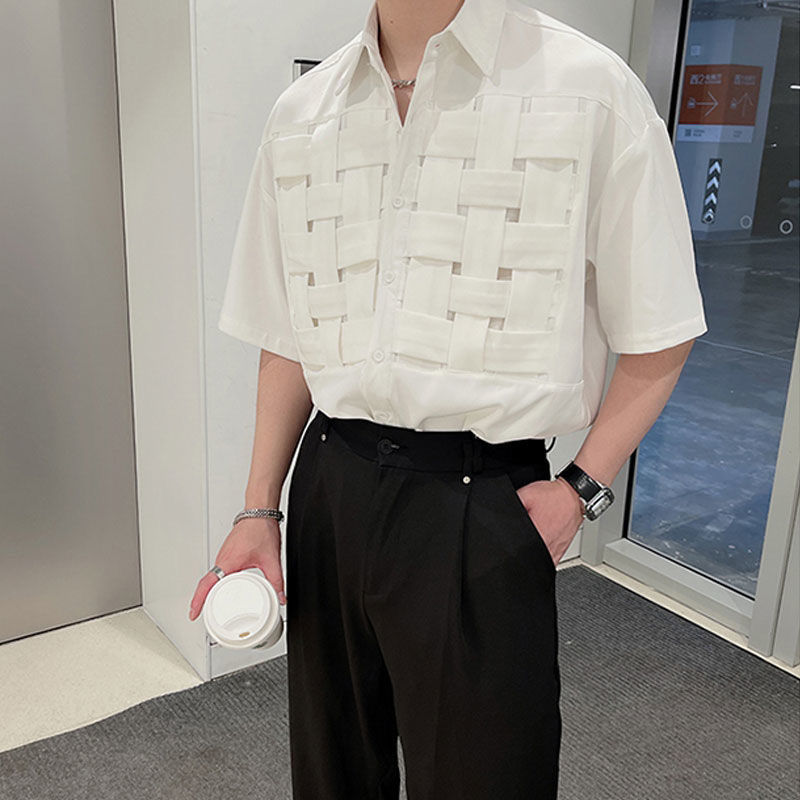 Men's Clothing Summer New Short Sleeve Stand Collar Cross Organization Solid Color Spliced Button Loose Hong Kong Breeze Shirt