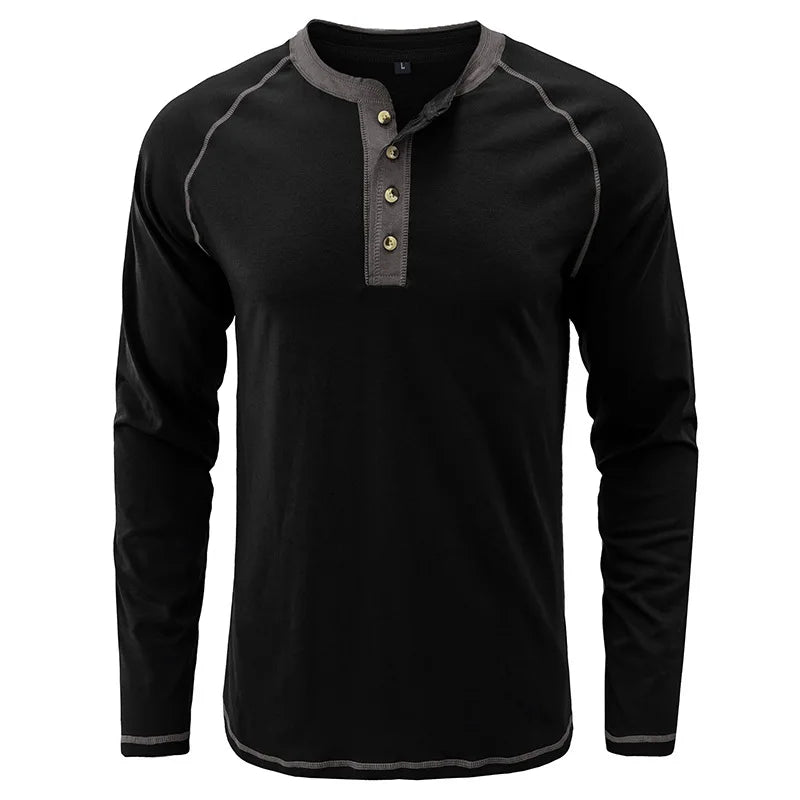 Spring Mens TShirt Solid Color Long Sleeve Cotton Casual Streetwear Outdoor Tops Tees Men Fashion O Neck T Shirt Button Top Man