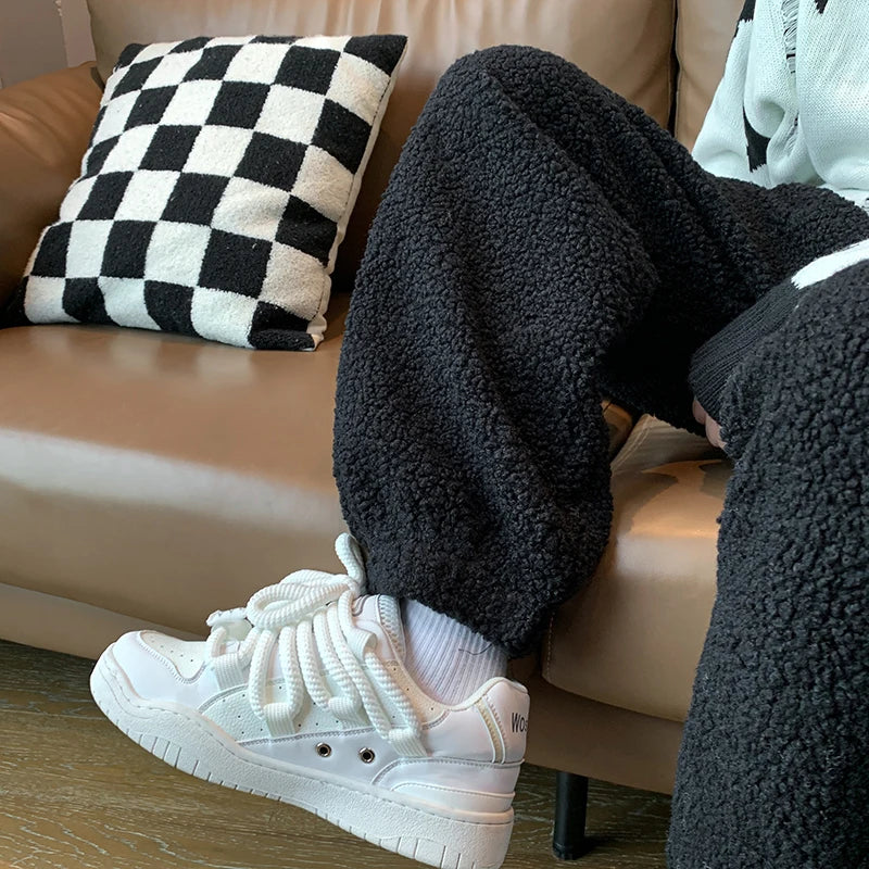 saferido Winter Thickened Pants Men Warm Fashion Retro Lamb Wool Pants Men Oversized Streetwear Loose Straight Pants Mens Thick Trousers