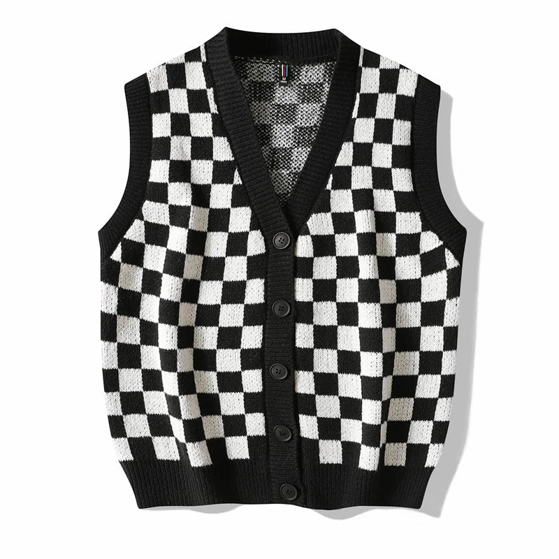 Men's Plaid Sweater Vest Sleeveless V-Neck Button Cardigan Vest Fashion Office Knitted Vest Classic Fit Tank Tops