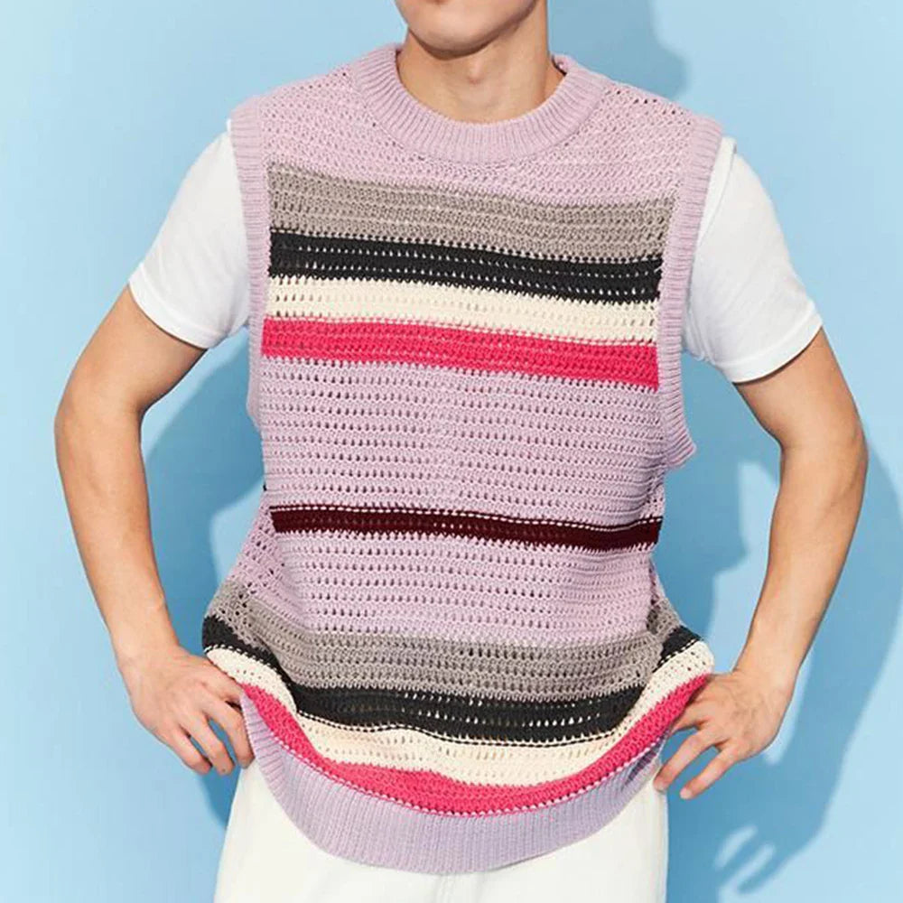 saferido Spring New Hollow Stripe Knitwear Sweater Vest 2024 Contrast Color O Neck Casual Tank Tops Korean Fashion Male Sleeveless Tees