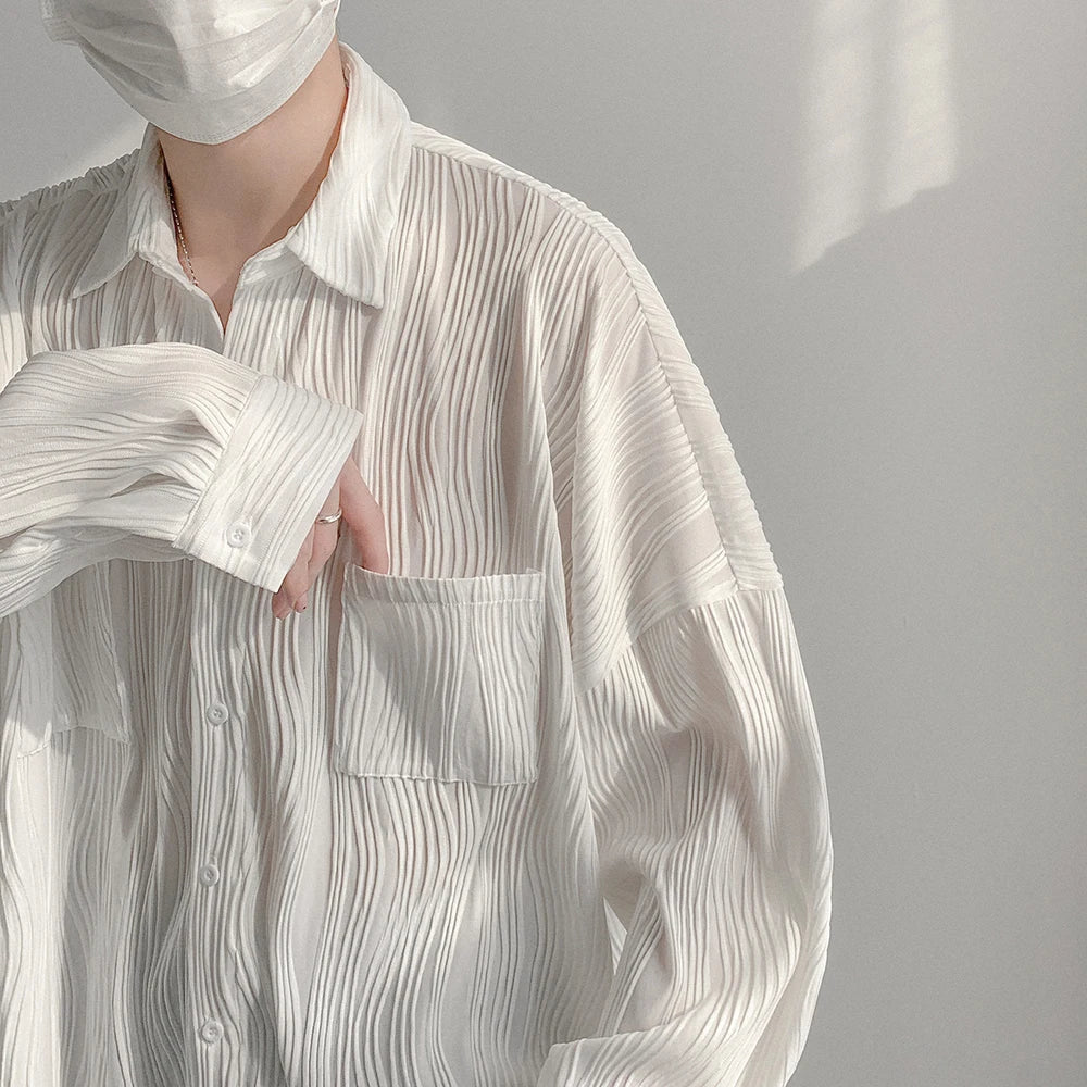 saferido Spring Black White Pleated Shiert Men Fashion Oversized Casual Shirt Men Korean Loose Pocket Long Sleeve Shirts Mens Dress Shirt
