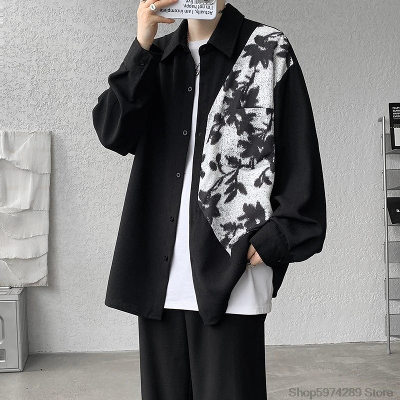 saferido Spring Autumn Long Sleeve Print Shirt Man Black/White High Street Fashion Casual Button Patchwork Harajuku All-match Blouse