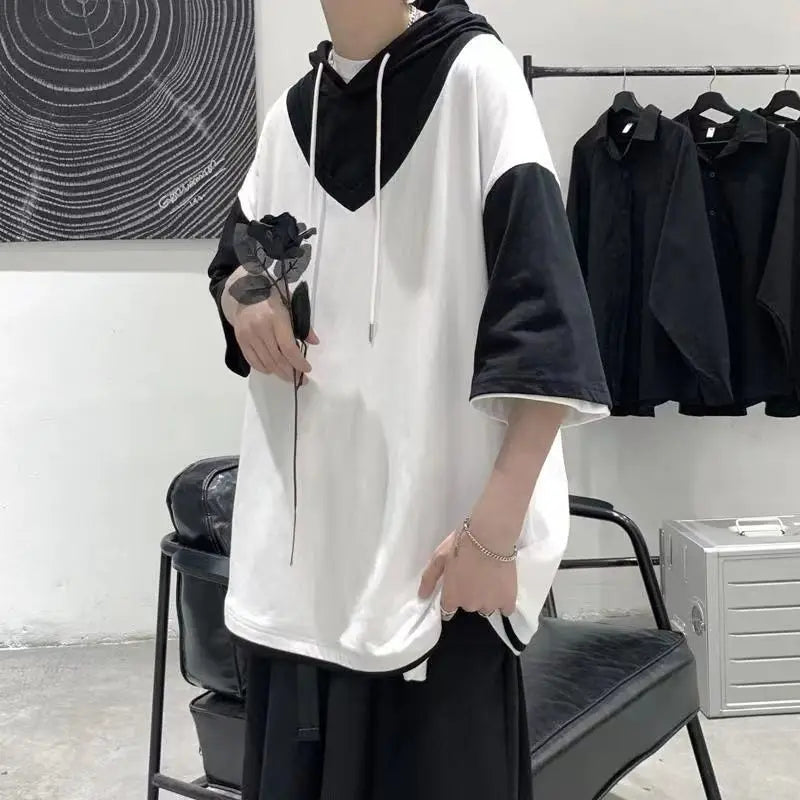 saferido Street Casual Fashion Loose Pullovers Patchwork T-Shirts Short Sleeve Man Spring Summer Thin Hooded Round Neck Men's Clothing
