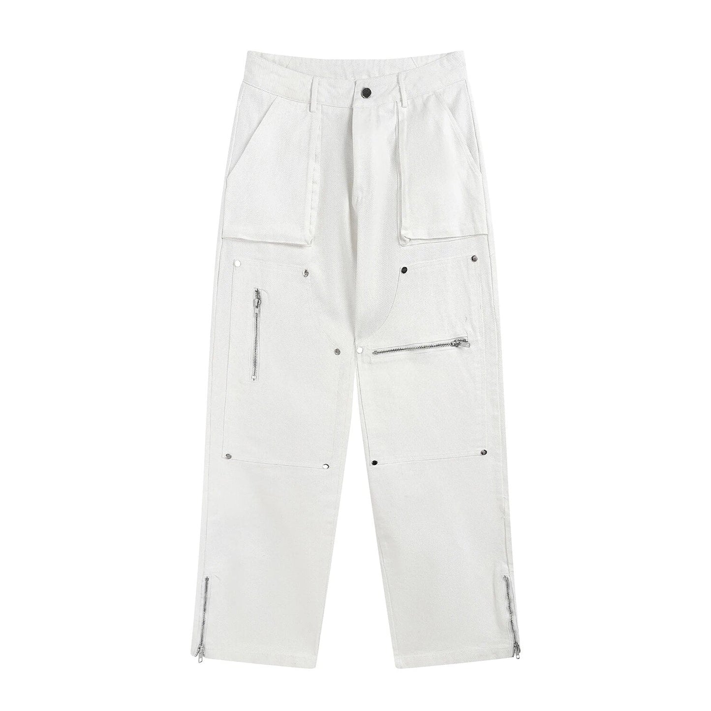 Hip Hop Vibe Heavy Functional Cargo Trousers for Men Fashionable Rivets Zipper Split Adjust Micro Flare Pants White Male Clothes
