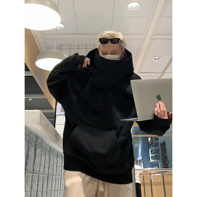 saferido Korean Street Style Solid Color High Collar Oversized Hoodie Men Fashion Loose Casual Hooded Top Harajuku New Sweatshirt Hoodie