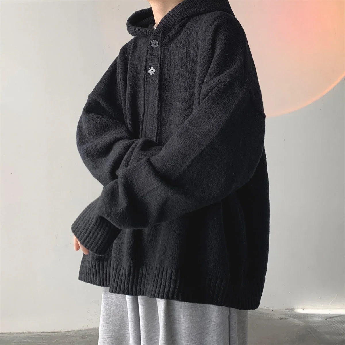 Winter Hooded Sweater Men Warm Fashion Casual Knit Pullover Men Korean Grey Black Loose Long Sleeve Sweater Mens Jumper Clothes