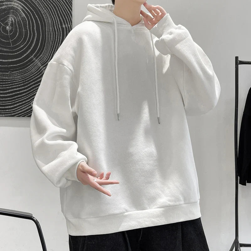 saferido Men's Multicolour Patternless Hooded Sweatshirt Korean Loose Large Size 5XL Casual Long Sleeve Top Simple Unisex Style T-Shirt