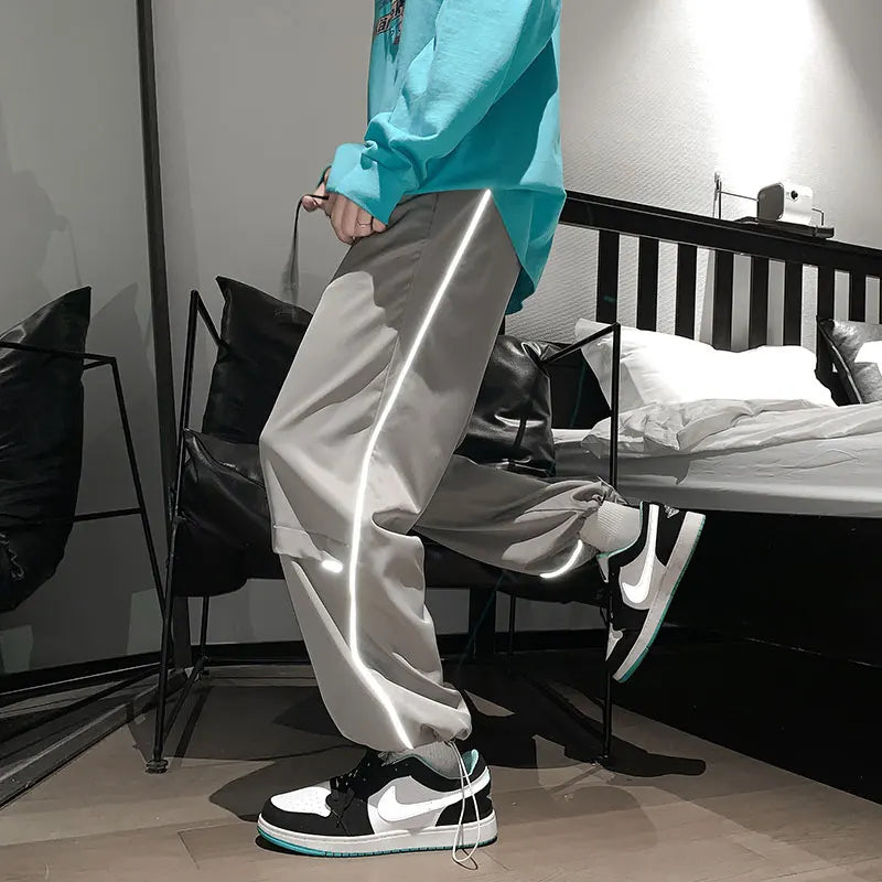 saferido Reflective Striped Sweatpants Men's Spring Autumn Oversize Beam Feet Solid Stitching Casual Pants Sports Trend Classic Trousers