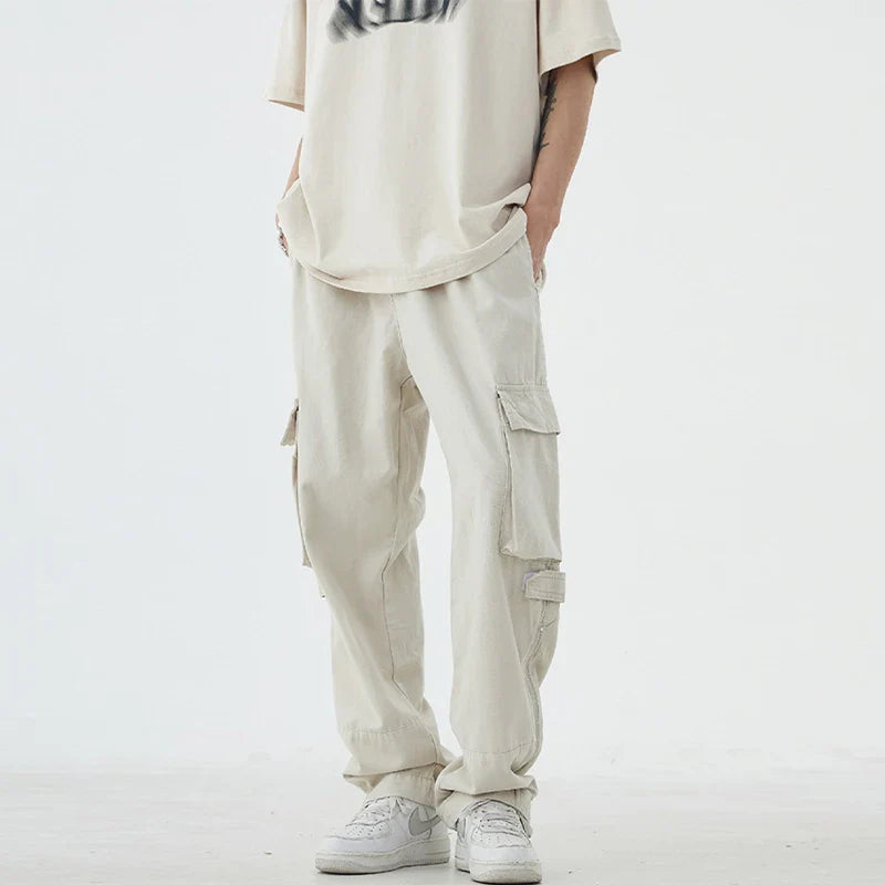 saferido Men Vintage Cargo Pants 2024 Spring Fashion Solid Pocket Simple Casual Loose High Street High Waist Male Straight Leg Trousers
