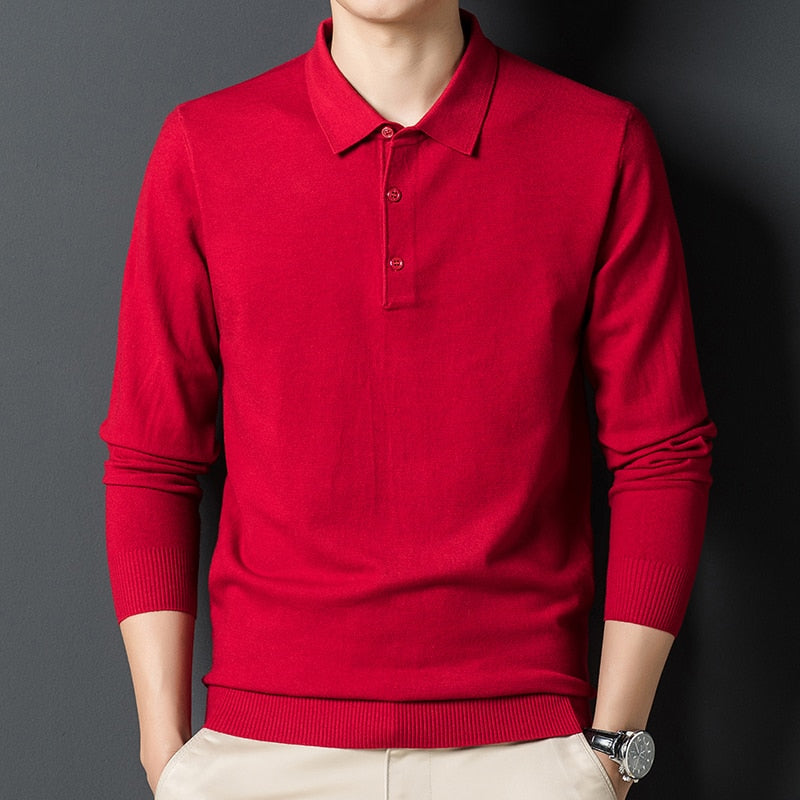 Autumn New Men's Solid Color Lapel Wool Sweater Classic Style Business Long Sleeve Thin Knit Sweater Male Brand Clothes