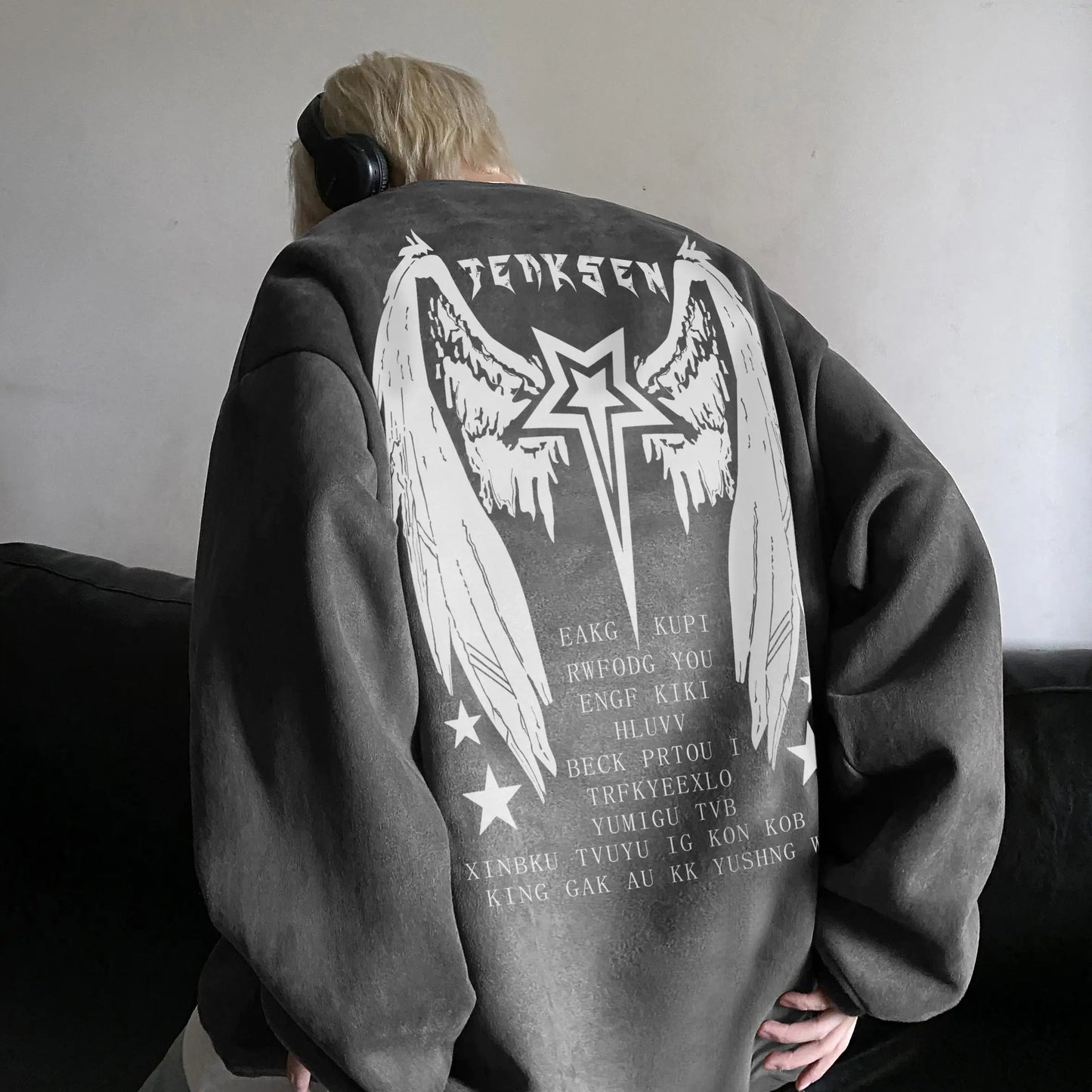 saferido High Street Men Sweatshirt Angel Wing Graphic Printed Gothic Style Pullover Sweatshirts Oversize Baggy Hip Hop Round Neck Hoodie
