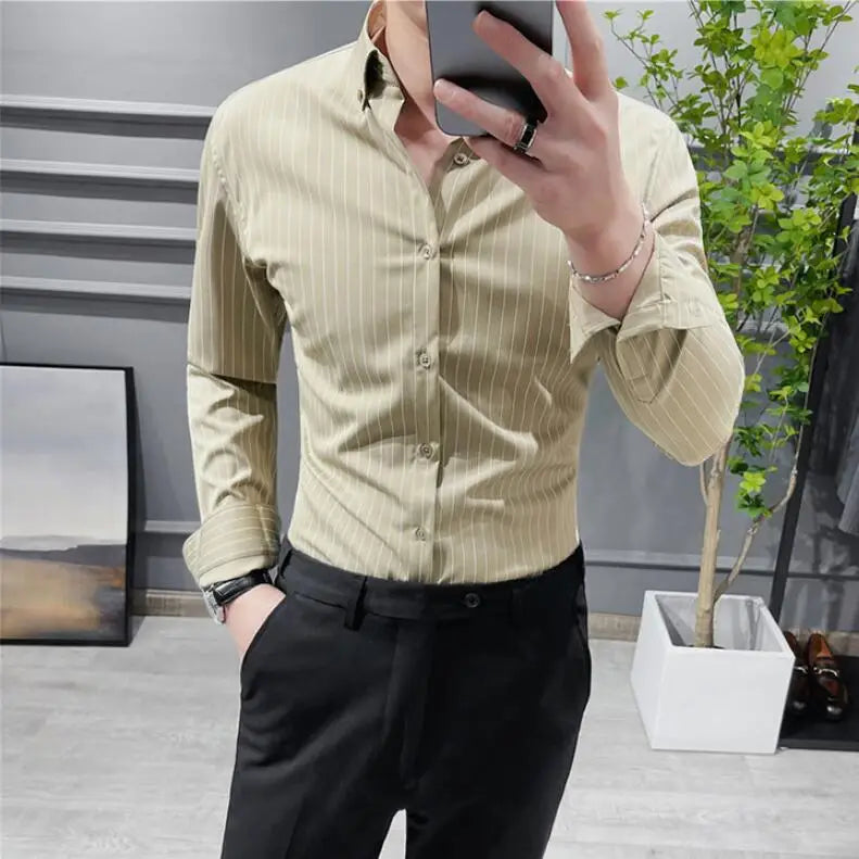 saferido British Style Striped Shirts Mens Long Sleeve Business Formal Dress Shirt Casual Slim Fit Shirt Streetwear Social Party Clothing
