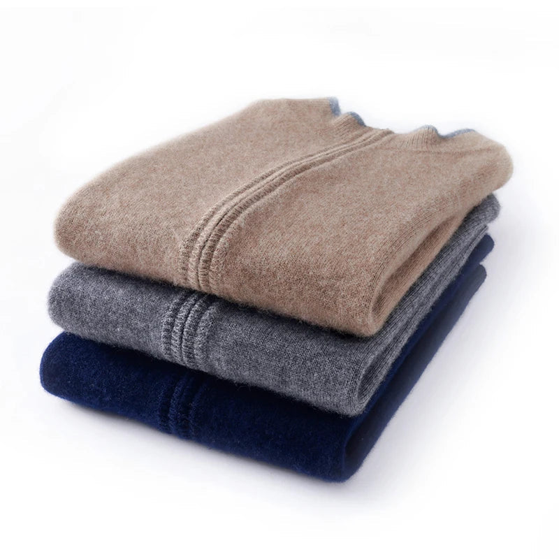 Autumn/Winter New 100% Pure Cashmere Sweater Men's Half High Neck Knitted Zippered Cardigan Solid Color Wool Top Coat