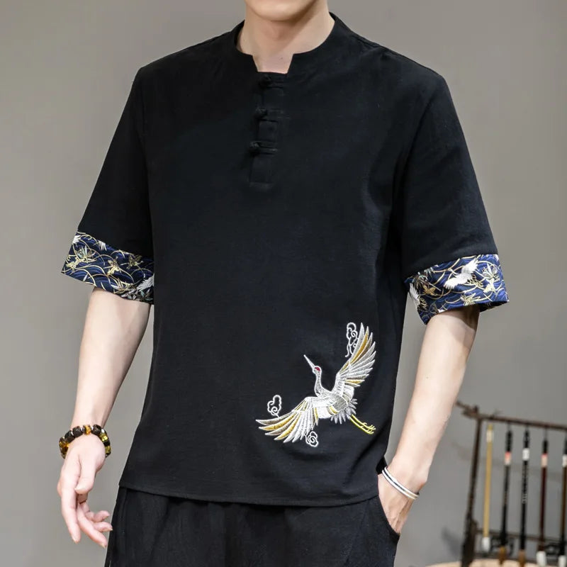 saferido Chinese Style Disc Button Linen T-shirt Mens Summer Short-sleeved Tang Shirt Loose Large Size T-shirt Japanese Kimono Men New