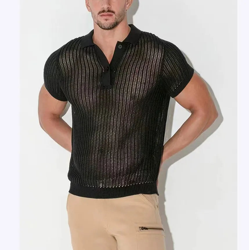Summer Mens Hollow Out Knit Polo Shirts Sexy See Through Short Sleeve V-lapel Tops Fashion Mesh Loose Casual T-shirt Streetwear
