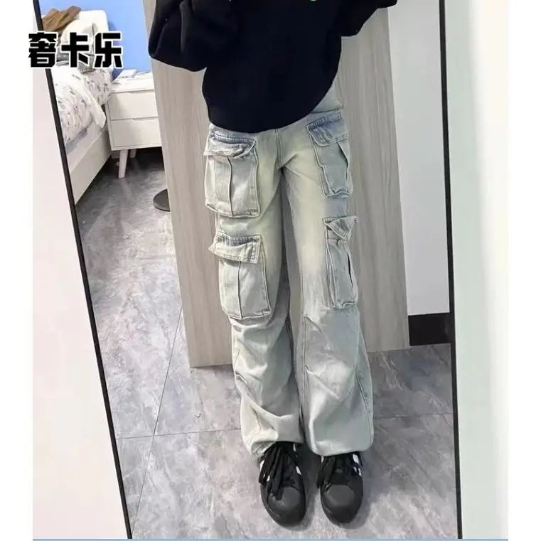 American style trendy retro multi pocket denim workwear pants men and women summer new popular washed wide leg casual pants y2k
