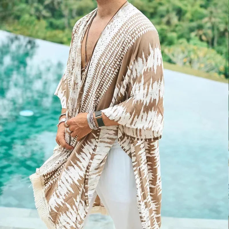 Summer Fashion Shawl Mens Print Long Windbreaker Cardigan Hawaiian Beach Sunscreen Cloak Casual Loose Cape Coat For Men Tops