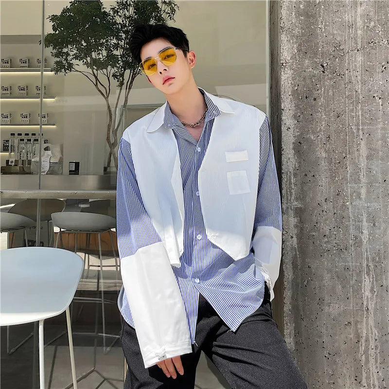 saferido Spring and Autumn New Men's Patchwork Fashion Casual Long-Sleeve Striped Blouse Tops Loose High Quality Design Shirts T60