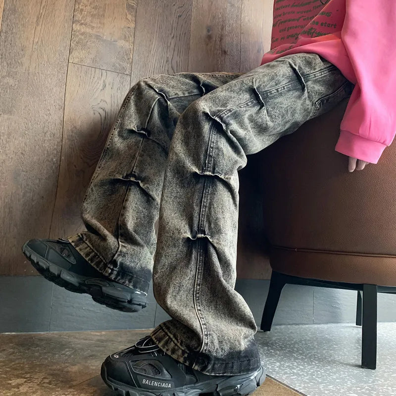 saferido 2024 High Street Vibe American Heavy Craft Side Fold Washed Old Jeans with High Grade Waste Soil Style Trousers streetwear