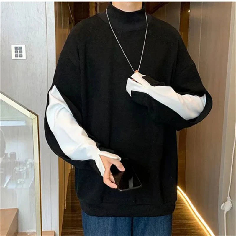 saferido Men's High Collar Sweatshirt Patchwork Pullover Long Sleeve Spring Autumn Tops Loose Sweatshirts