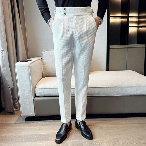 Autumn Winter Pantalones Hombre High waist Waffle Business Casual Suit Pants For Men Clothing Slim Fit Formal Wear Trousers 36