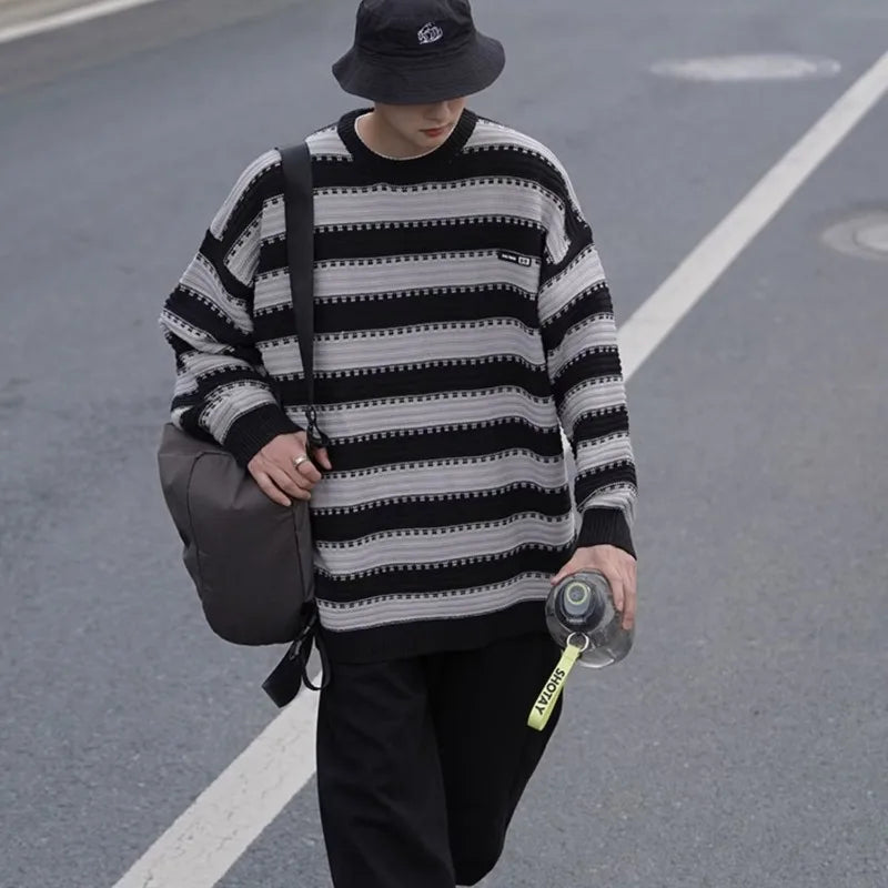 saferido Striped Knitted Sweater Coat Men Japanese Oversize Casual Autumn Winter Loose O-neck Pullovers for Man Streetwear Korean