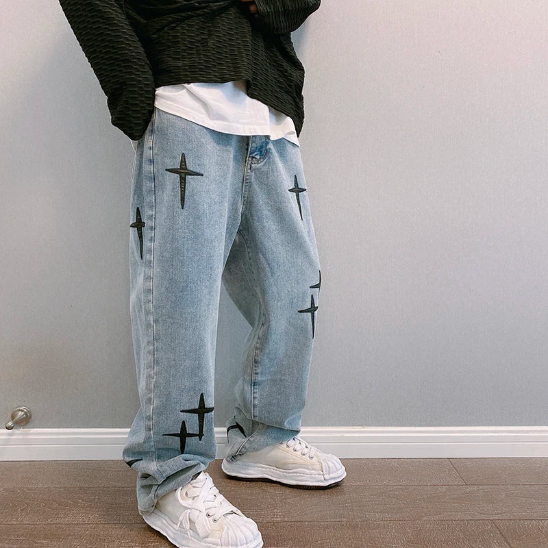 saferido New Embroidered Jeans Men Straight Loose Wide-leg Pants Spring and Autumn Korean Fashion High Street Hip Hop Style Male Trousers